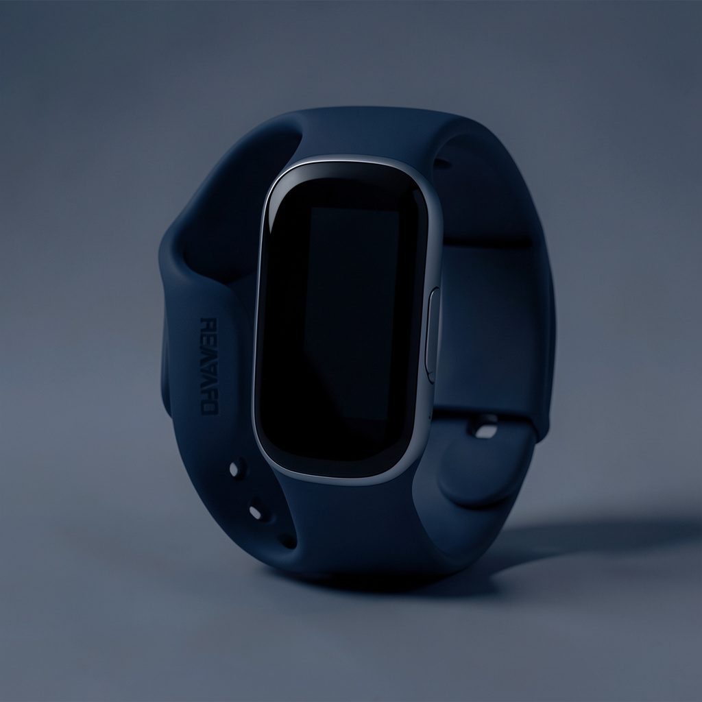 Pulsera de actividad con pantalla rectangular sobre fondo azul claro, renderizada en duotono blanco y azul marino, aspecto limpio y deportivo