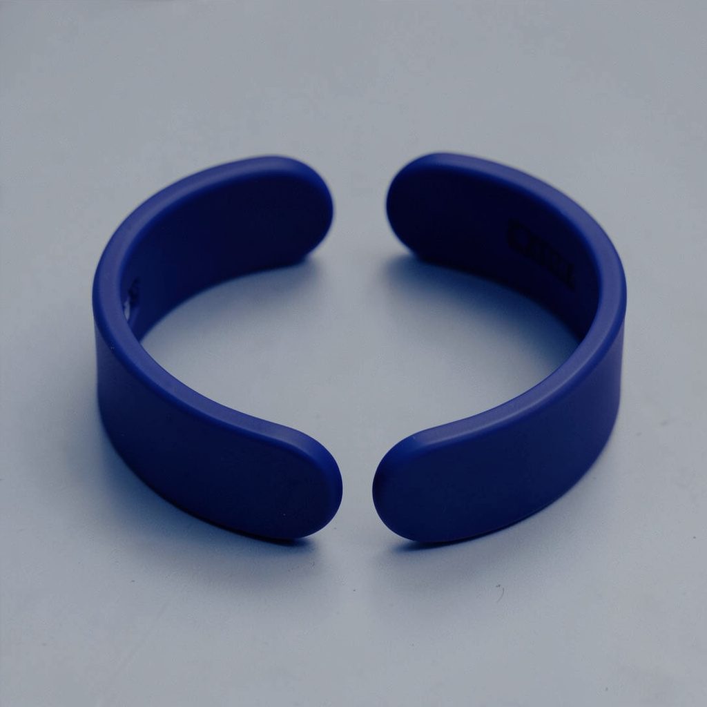Imagen en duotono azul oscuro y crema del logotipo y silueta de una pulsera de actividad, estilo plano y limpio sobre fondo claro.